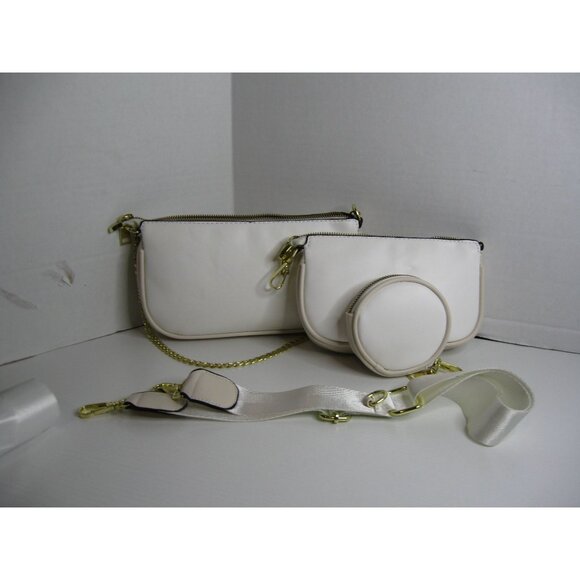 Trendy White Faux Leather Purse Set With Chain & Adjustable Strap Three Pieces W - Picture 3 of 3